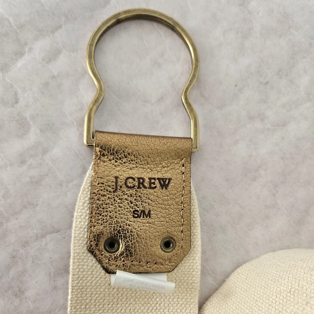 J. Crew Belt Neutral Canvas Wide Belt Gold Leather - Picture 2 of 4